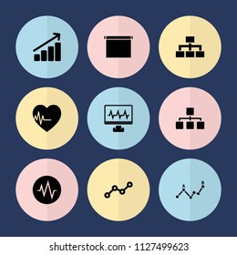 Set of 9 chart filled icons such as structure, heartbeat, line graph, graph