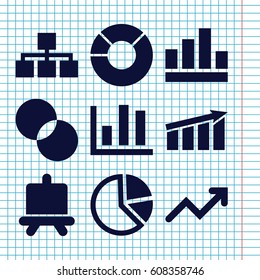 Set of 9 chart filled icons such as board, circle intersection, graph, pie chart, chart