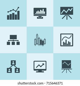 Set of 9 chart filled icons such as chart graph, graph on display