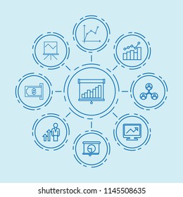 Set of 9 chart outline icons such as chart graph, graph on display, structure, career growth, graph on board