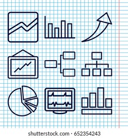 Set of 9 chart outline icons such as graph, heartbeat, structure, line chart