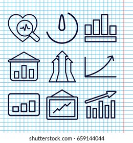 Set of 9 chart outline icons such as graph, heartbeat search, stopwatch camera, arrows up, graph on board