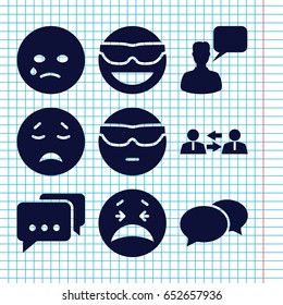 Set of 9 chat filled icons such as chat, chatting man, emot in sun glasses, crying emot, cool emot in sunglasses, communication