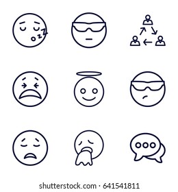 Set of 9 chat outline icons such as chat, crying emot, cool emot in sunglasses, emoji angel