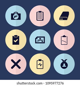 Set of 9 check filled icons such as briefcase with weapon, medal, battery, check, checklist, clipboard with chart, heartbeat clipboard, cancel
