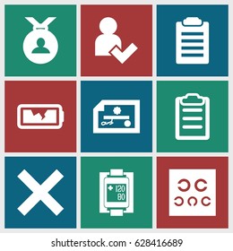 set of 9 check filled icons such as medal, blood pressure measure, eye test, clipboard, broken battery, add user