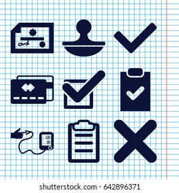 Set of 9 check filled icons such as blood pressure, clipboard, stamp, tick, cross, checklist, credit card