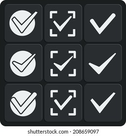 Set of 9 check marks vector web and mobile icons in flat design. Ticks in boxes conceptual of confirmation acceptance positive passed voting agreement true or completion of tasks on a list