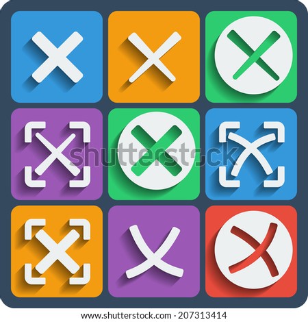 Set of 9 check marks vector web and mobile icons in flat design. Ticks in boxes conceptual of denial disagreement negative passed voting dissension false or completion of tasks on a list