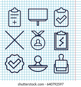 Set of 9 check outline icons such as stamp, medal, board, medical clipboard, cancel, tick, clipboard with tick