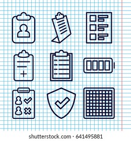 Set of 9 check outline icons such as clipboard, medical clipboard, checklist, ful battery, shield, check list