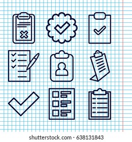 Set of 9 checkbox outline icons such as clipboard, check list, checklist