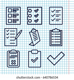 Set of 9 checkbox outline icons such as clipboard, check list, checklist
