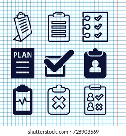 Set of 9 checklist filled and outline icons such as heartbeat clipboard, tick, plan, clipboard, checklist, check list