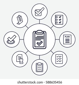 Set of 9 checklist outline icons such as pointing on document, clipboard, checklist, tick