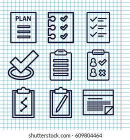 Set of 9 checklist outline icons such as checklist, plan, tick, check list, clipboard with chart