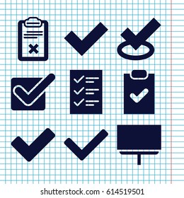 Set of 9 checkmark filled icons such as board, tick, clipboard