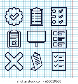 Set of 9 checkmark outline icons such as clipboard, board, checklist, cross