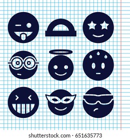 Set of 9 cheerful filled icons such as laughing emot, emoji in mask, cool emot in sunglasses, emoji showing tongue, sweating emot