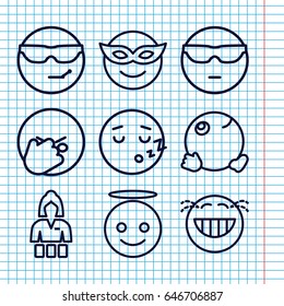 Set of 9 cheerful outline icons such as casino girl, emoji in mask, cool emot in sunglasses, emoji angel, laughing emot