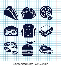 Set of 9 cheese filled icons such as cheese, taco, pizza, sandwich, burger with pepper