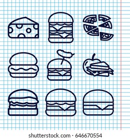 Set of 9 cheese outline icons such as cheese, pizza, burger with sausage, cheeseburger, double burger, sandwich and apple