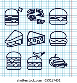 Set of 9 cheese outline icons such as pizza, sandwich, double burger with flag, burger with pepper, cheeseburger, sandwich and apple