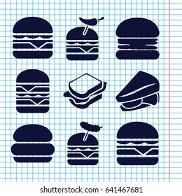 Set of 9 cheeseburger filled icons such as sandwich, burger with pepper, burger with sausage