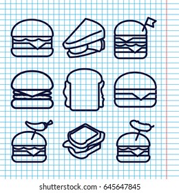 Set of 9 cheeseburger outline icons such as sandwich, double burger with flag, burger with pepper