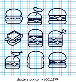 Set of 9 cheeseburger outline icons such as sandwich, double burger with flag, burger with pepper