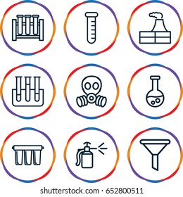 Set of 9 chemical outline icons such as factory, spray bottle, test tube, filter
