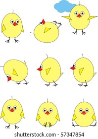 Set from 9 chickens in various poses. Cartoon