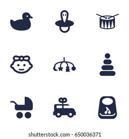 Set Of 9 Child Icons Set.Collection Of Barrel, Girl, Bus And Other Elements.