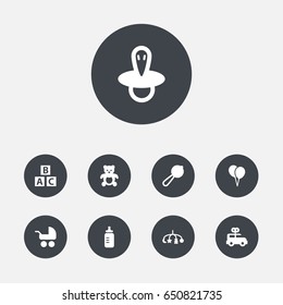 Set Of 9 Child Icons Set.Collection Of Air Balloon, Maraca, Abc Block And Other Elements.