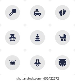 Set Of 9 Child Icons Set.Collection Of Nappy, Maraca, Trace And Other Elements.