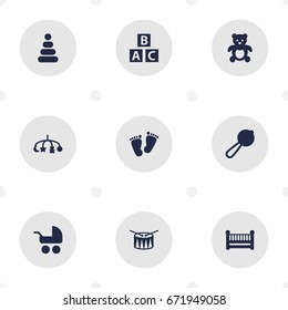 Set Of 9 Child Icons Set.Collection Of Hangings, Barrel, Bear And Other Elements.