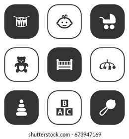 Set Of 9 Child Icons Set.Collection Of Toy, Baby, Bear And Other Elements.