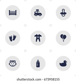 Set Of 9 Child Icons Set.Collection Of Decoration, Milk, Bus And Other Elements.