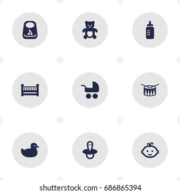Set Of 9 Child Icons Set.Collection Of Teat, Bear, Milk And Other Elements.