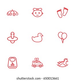 Set Of 9 Child Outline Icons Set.Collection Of Rubber, Clockwork Car, Rocking Horse And Other Elements.