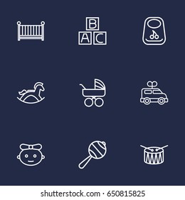 Set Of 9 Child Outline Icons Set.Collection Of Rattles, Rocking Horse, Clockwork Car And Other Elements.