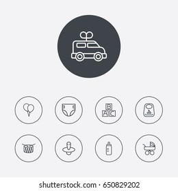 Set Of 9 Child Outline Icons Set.Collection Of Clockwork Car, Carriage, Diaper And Other Elements.