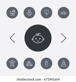 Set Of 9 Child Outline Icons Set.Collection Of Balloon, Clockwork Car, Smock And Other Elements.