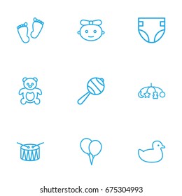 Set Of 9 Child Outline Icons Set.Collection Of Toys, Drum, Rubber And Other Elements.