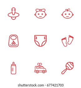 Set Of 9 Child Outline Icons Set.Collection Of Rattles, Baby, Footprints And Other Elements.