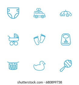 Set Of 9 Child Outline Icons Set.Collection Of Drum, Clockwork Car, Diaper And Other Elements.