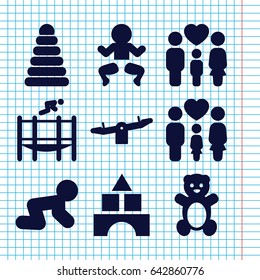 Set of 9 childhood filled icons such as teddy bear, pyramid, toy tower, swing, baby crawl, family, trampoline
