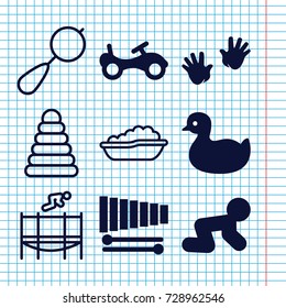 Set Of 9 Childhood Filled And Outline Icons Such As Duck, Bike, Baby Crawl, Baby Hands, Xylophone, Pyramid, Beanbag, Baby Bath