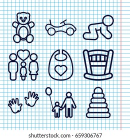 Set Of 9 Childhood Outline Icons Such As Teddy Bear, Pyramid, Bike, Baby Bid, Baby Crawl, Family