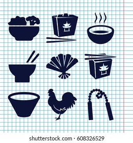 Set of 9 chinese filled icons such as chicken, chinese fast food, asian food, soup, fan, food, bowl